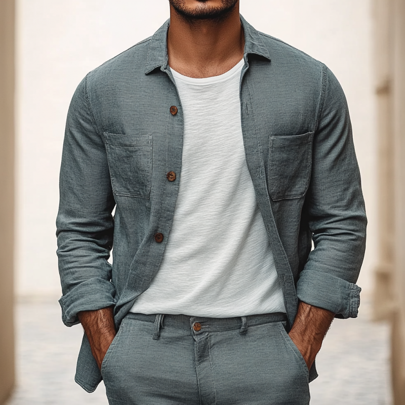 Men's Casual Breathable Linen Lapel Patch Pocket Loose Long Sleeve Shirt MTA0991E4M