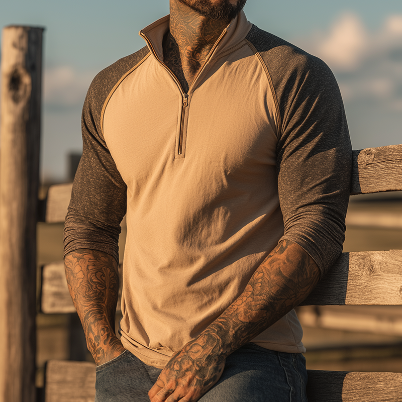 Men's Retro Casual Western Style Cotton Colorblock Zipper Neck Long Sleeve T-shirt MTA2174H6TO
