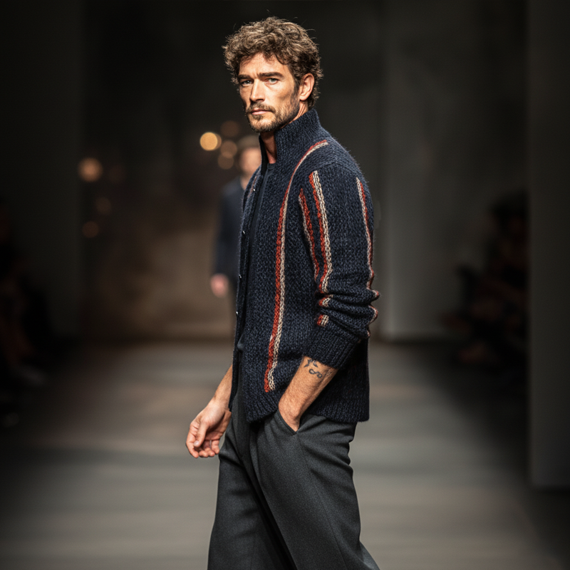 Men's Classic Navy Blue Colorblock Line Stand Collar Knitted Button Cardigan MTA2237J8U