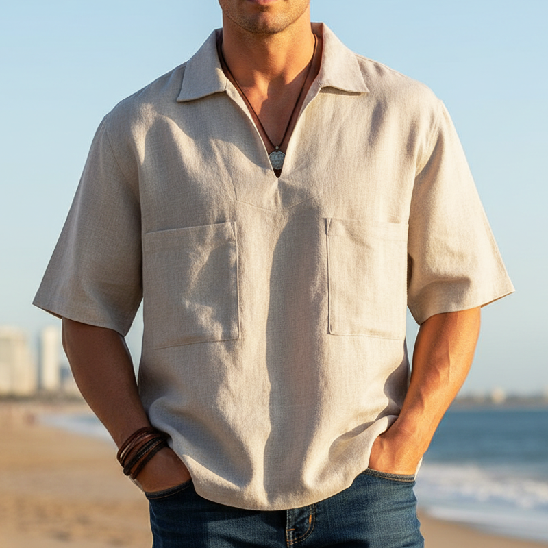 Men's Casual Loose Beige V-neck Cotton And Linen T-shirt MTZ1096B2U