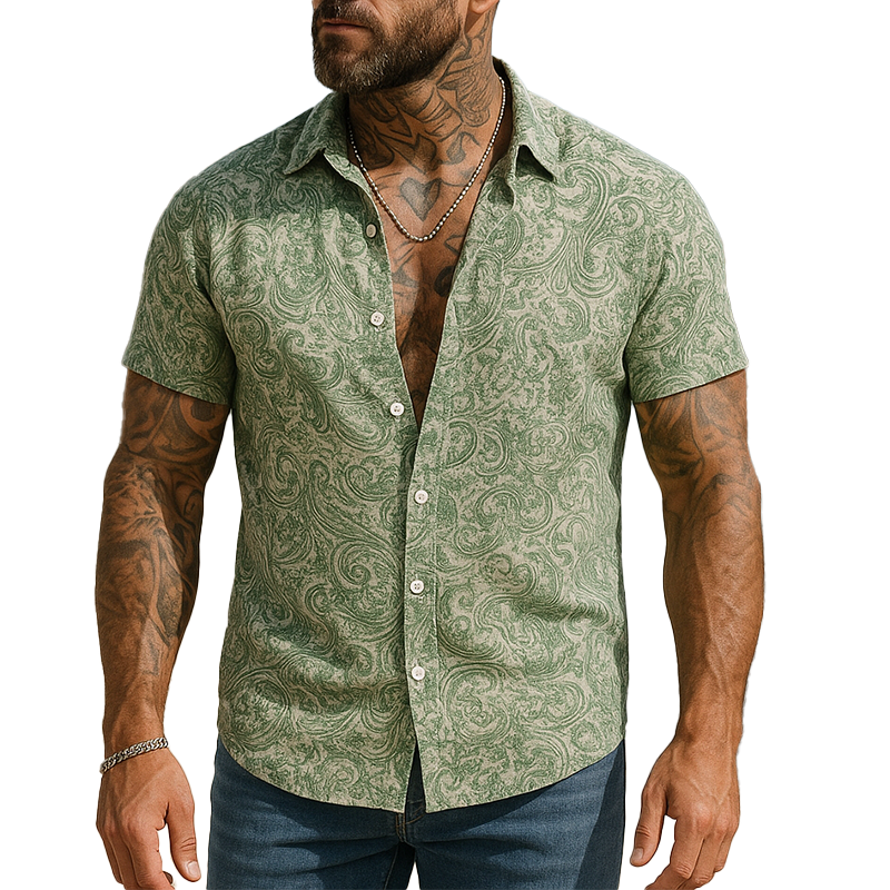 Men's Summer Fashion Printed Polyester Blended Short Sleeve Shirt MTA0902F1P