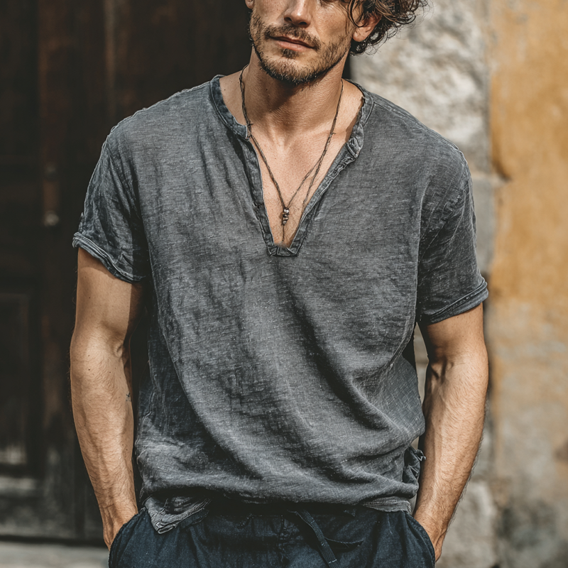 Men's Linen Blend V-Neck Short Sleeve T-Shirt MTA0253G9X