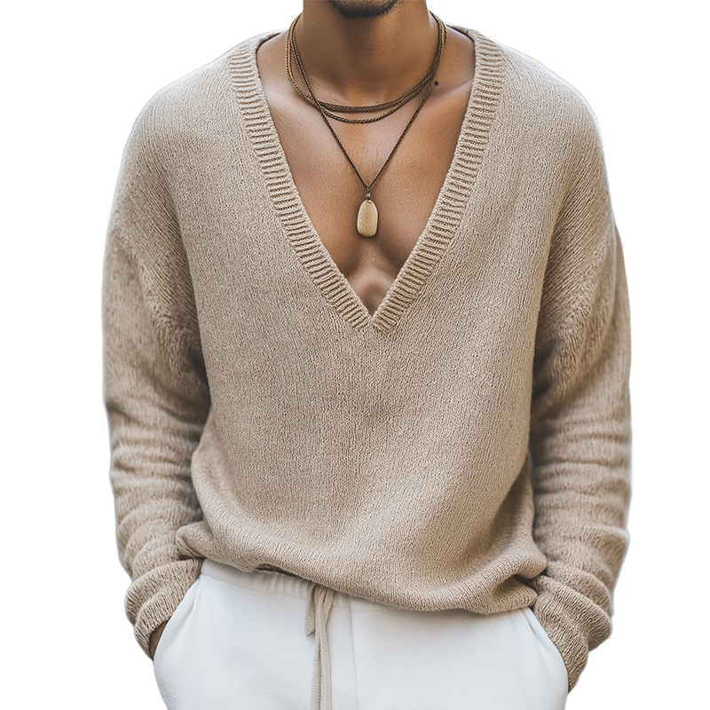 Men's Retro Casual Knitted V-Neck Sweater MTA3000J0TO