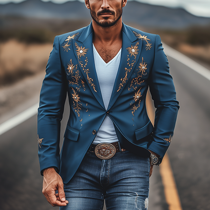 Men's Fashion American Retro Western Style Satin Embroidered Blazer 14388364K