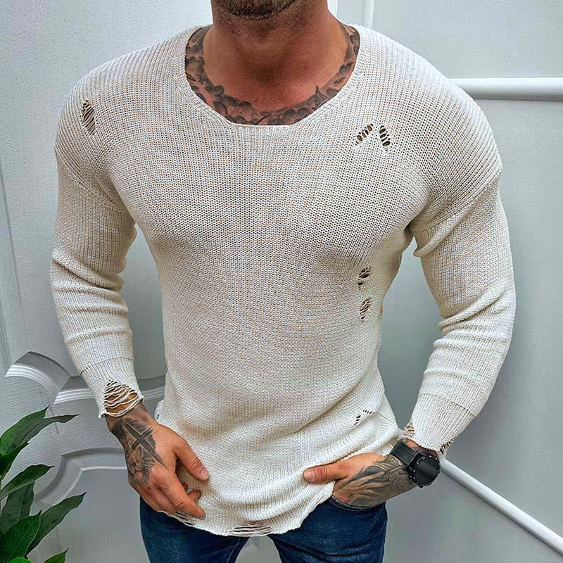 Men's Casual Round Neck Thin Long Sleeve Ripped Knitted Sweater 82922545M