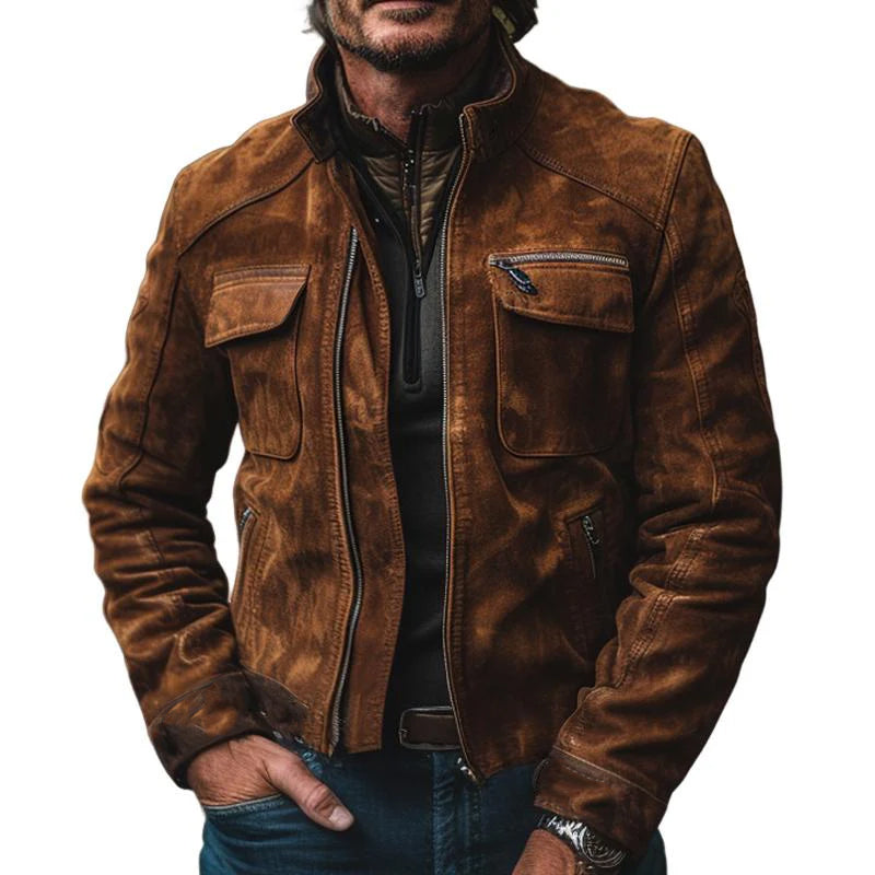 Men's Vintage Suede Stand Collar Zip-Up Jacket 39103467X