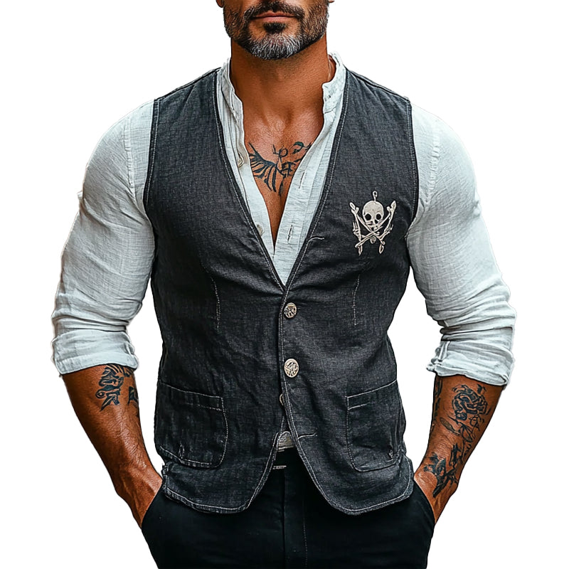 Men's Vintage Skull Print V-Neck Vest 76120693X