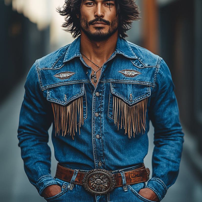 Retro Western Cowboy Broderi Dusk Denim Langermet skjorte for menn 31891772U