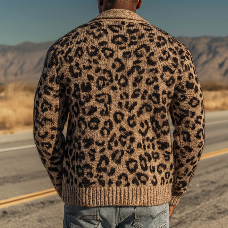 Men's Urban Warm Khaki Leopard Print Button-Down Cardigan MTA1836K6U