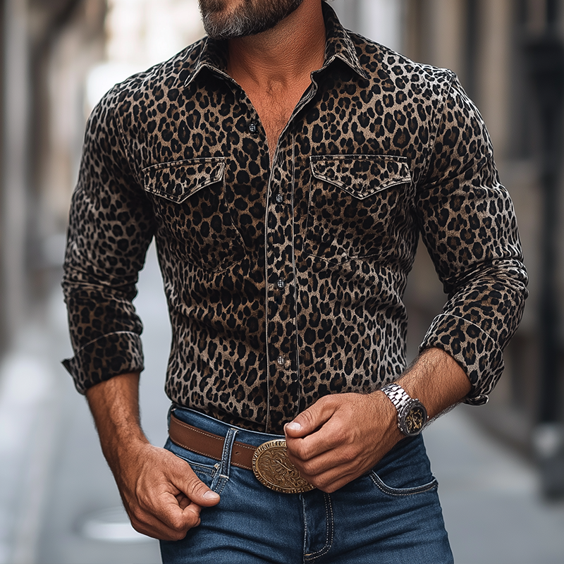 Men's Retro Casual Western Style Leopard Print Corduroy Lapel Long Sleeve Shirt MTA1903H2TO