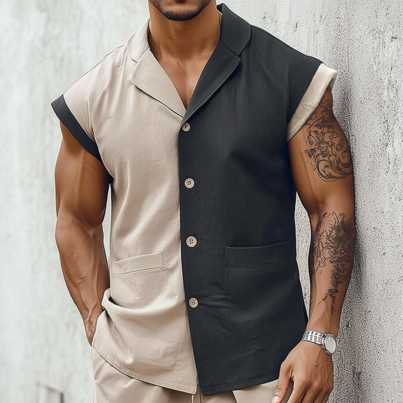 Men's Fashion Breathable Contrast Color Cotton Linen Cuban Collar Slim Sleeveless Shirt MTA2569F3M