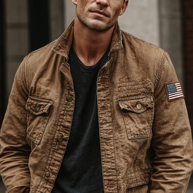 Men's Retro Washed Cotton Lapel Multi-pocket Cargo Jacket MTA1225I0Z