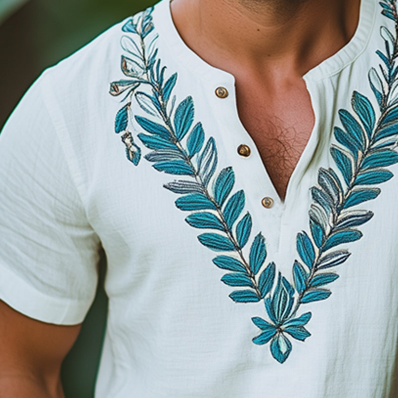 Men'S Summer V-Neck Leaf Embroidery Short Sleeve T-Shirt MTA1002E3U