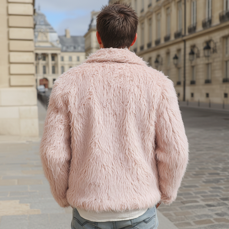 Men's Urban Fashion Light Pink Faux Fur Button Jacket MTA1788J7U
