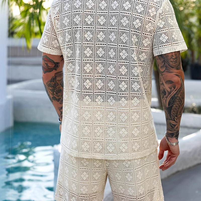 Men's Solid Color Lace Short-sleeved Shorts Two-piece Set MTA0588G7X