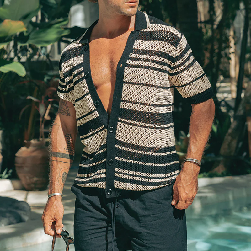 Men's Spring And Summer Fashion Casual Hollow Horizontal Striped Knitted Short-sleeved Shirt MTA0457G3K