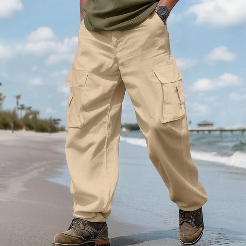 Men's Casual Cotton Linen Loose Multi-pocket Cargo Pants 21896585M