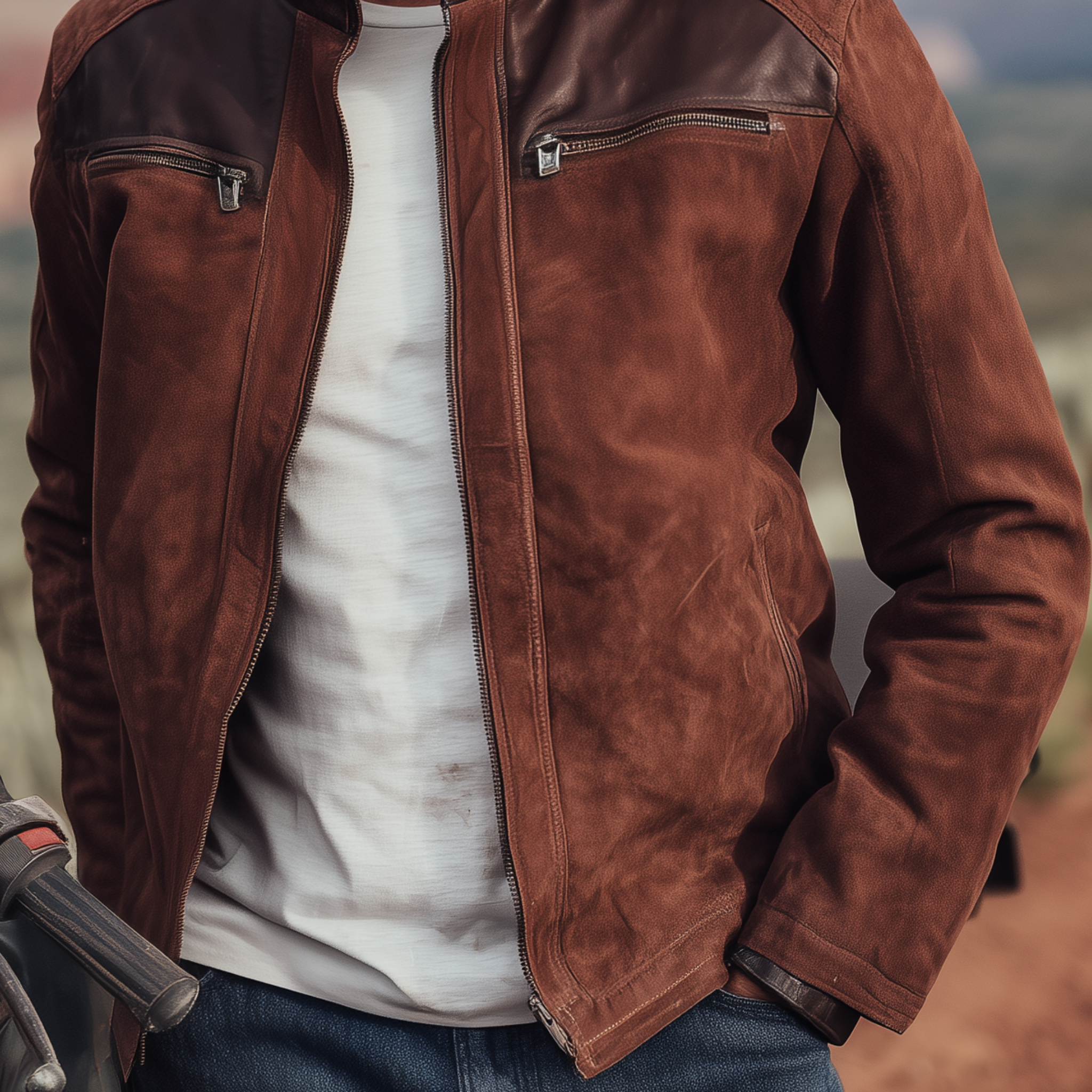Men's Classic Western Retro Tough Style PU Leather Stand Collar Zipper Suede Jacket MTA0584I1K
