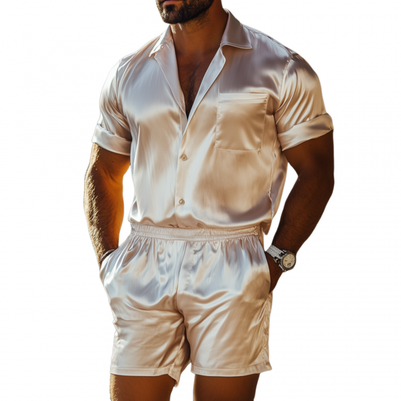 Men's Elegant Sedin Lapel Patch Pocket Slim Short-sleeved Shirt Elastic Waist Shorts Set MTA1357F8M
