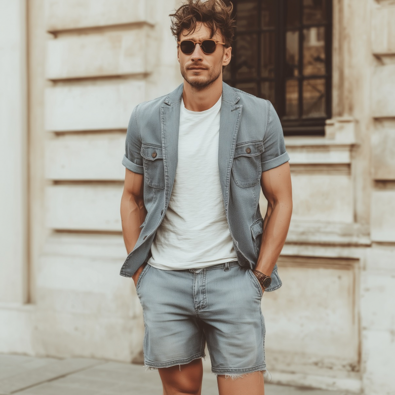 Herresett med korte ermer, denim, slitt jakke, hakkslag, flerlommers shorts, rå kant, MTA1842F1M