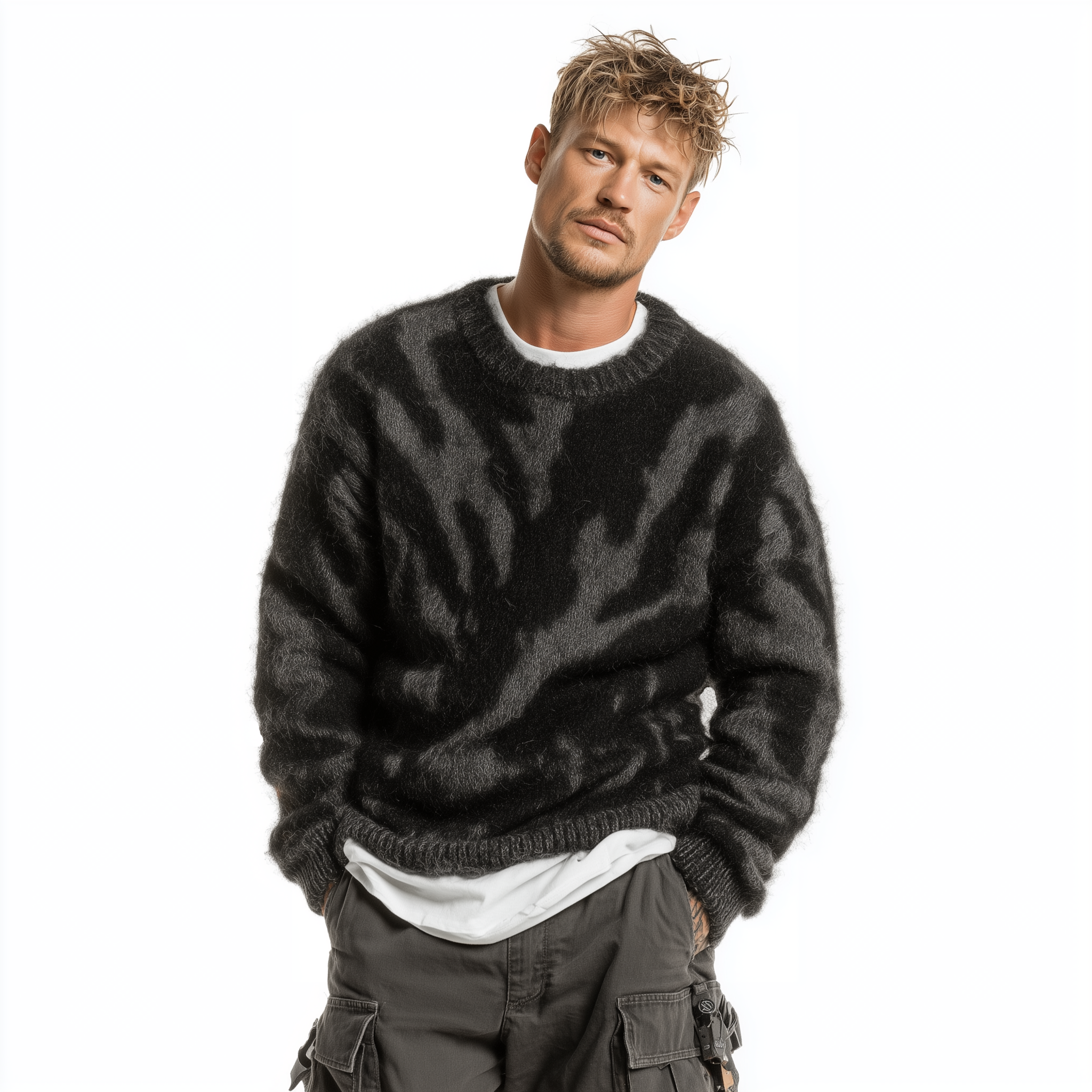 Men's Casual And Fashionable Round Neck Zebra Pattern Loose Sweater MTA1759J3K
