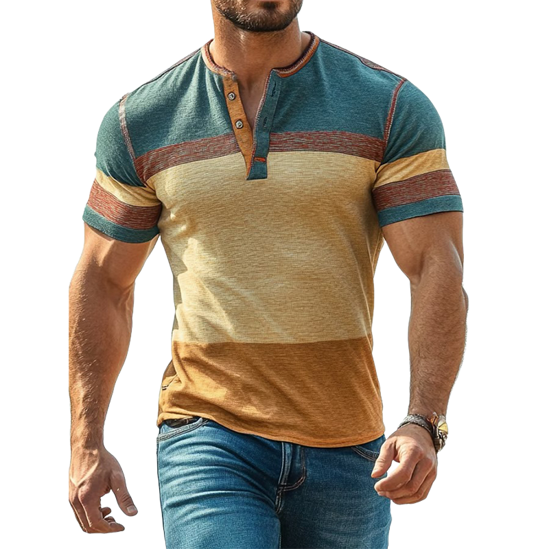 Men's Stripe Print Henley Neck Short Sleeve T-Shirt MTA2339F5X
