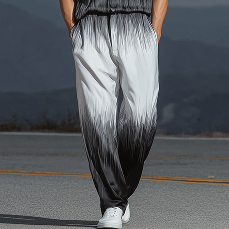 Men's Spring And Summer Fashion Casual Black And White Gradient Printed Satin Short Sleeve Shirt Pants Set MTA1077G0K