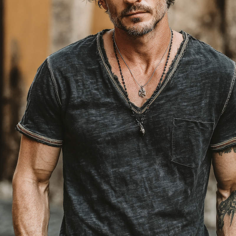 Men's Cotton Blended Solid Color V-Neck Short Sleeve T-Shirt MTA0316G9X