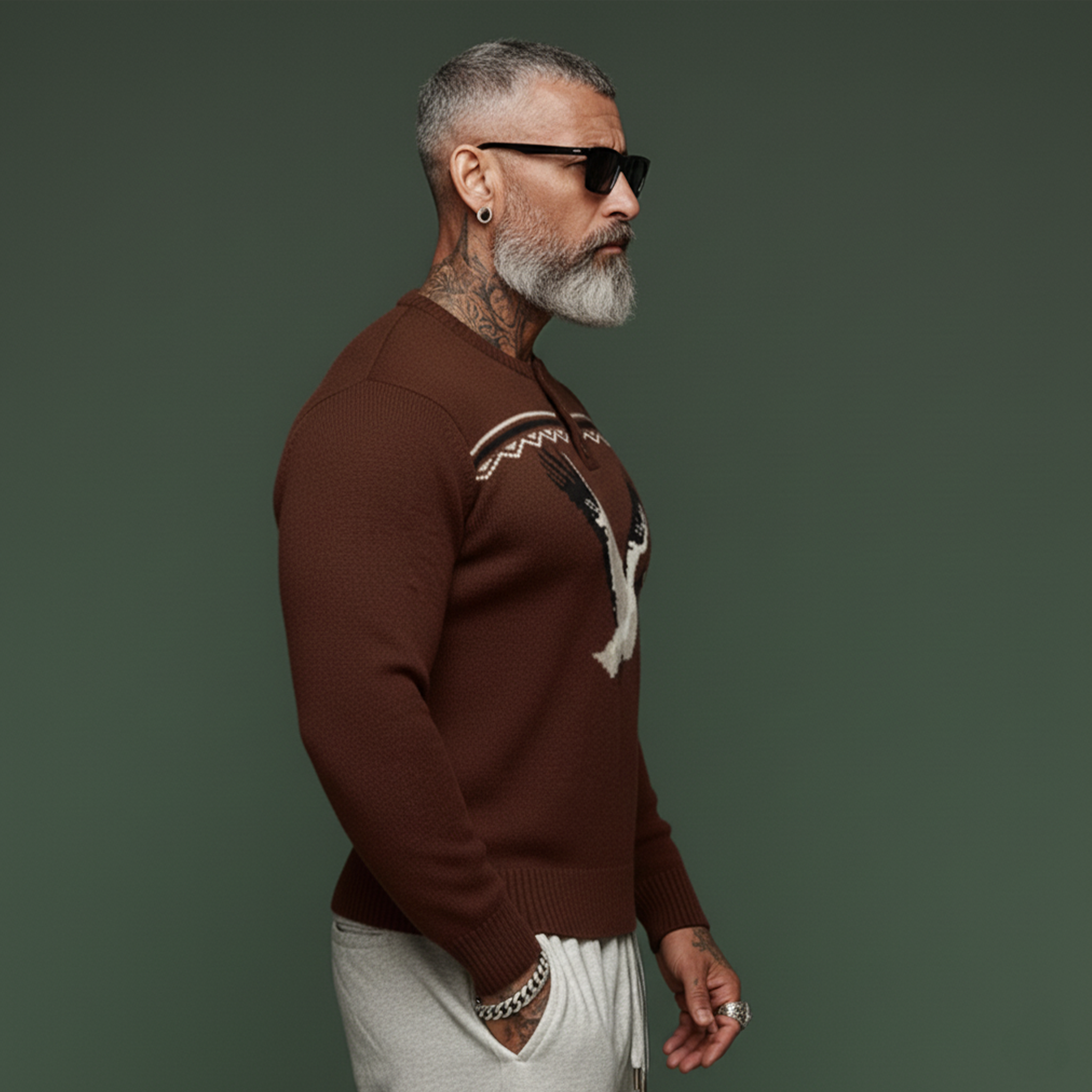 Men's Classic Old-money Style Henley Collar White Eagle Jacquard Sweater MTA0688K5K