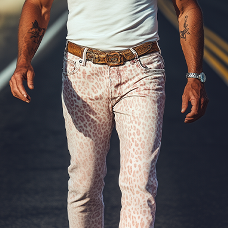 Men's Spring And Summer Fashion Retro Western Cowboy Style Washed Denim Pink Leopard Print Casual Pants MTA1363E7K