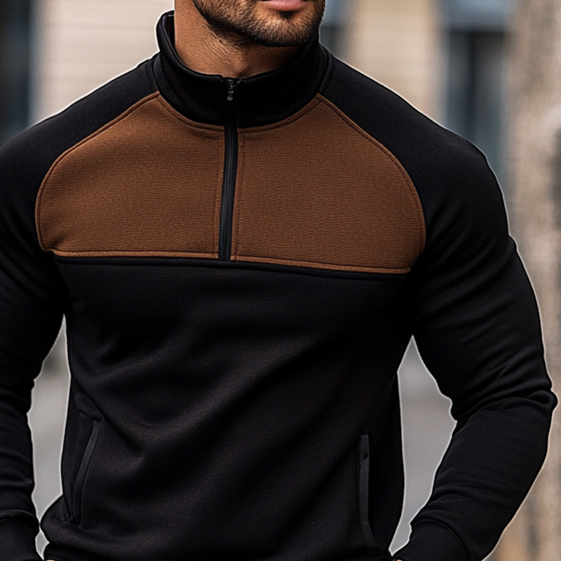 Men's Contrast Color Stand Collar Half Zip Blend Long Sleeve Sweatshirt MTA1309J2X