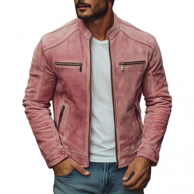Men's Vintage Solid Color Suede Stand Collar Zipper Placket Zipper Pocket Slim Fit Jacket MTA0587H7M