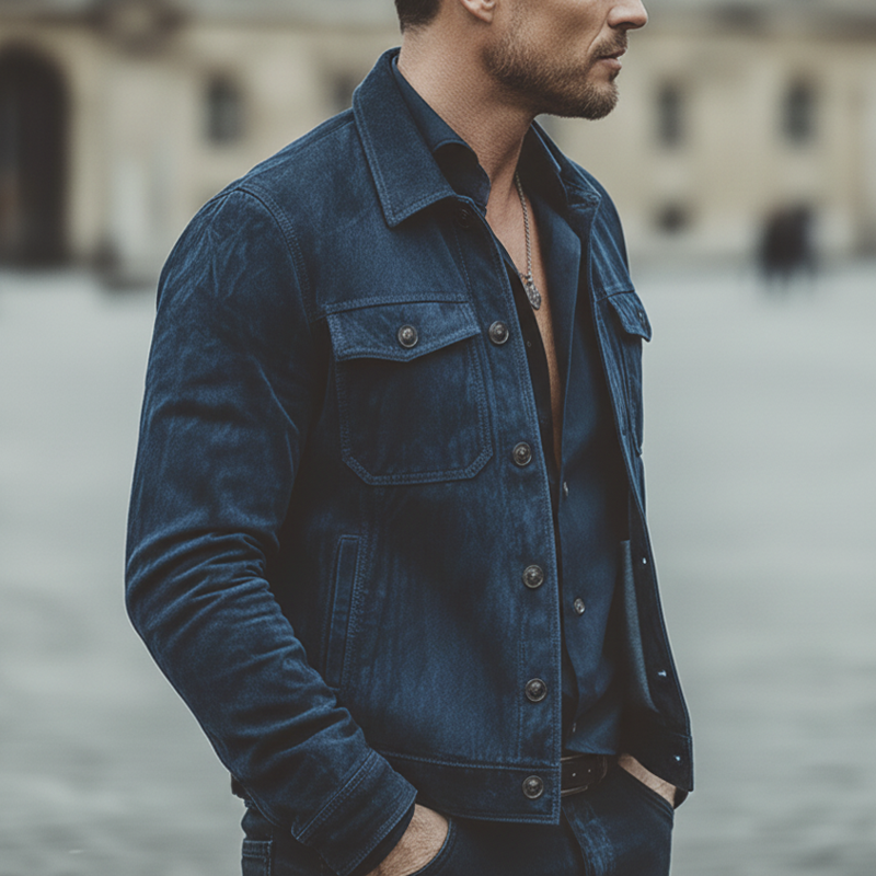 Men's Classic Navy Faux Suede High Hip Button-up Jacket MTZ0568A2U