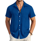 Men's Pleated Solid Lapel Short Sleeve Shirt 44415909Y