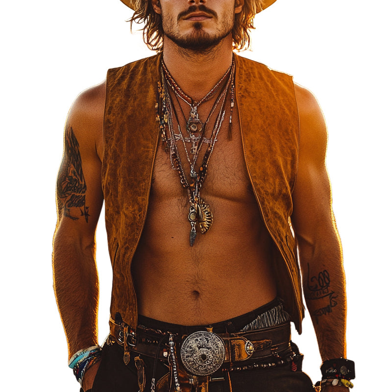 Men's Vintage Western Cowboy Suede V-Neck Vest MTA0984E4X