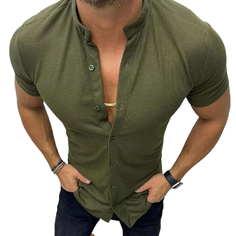 Men's Casual Waffle Collar Slim Fit Short Sleeve Shirt 33178761M