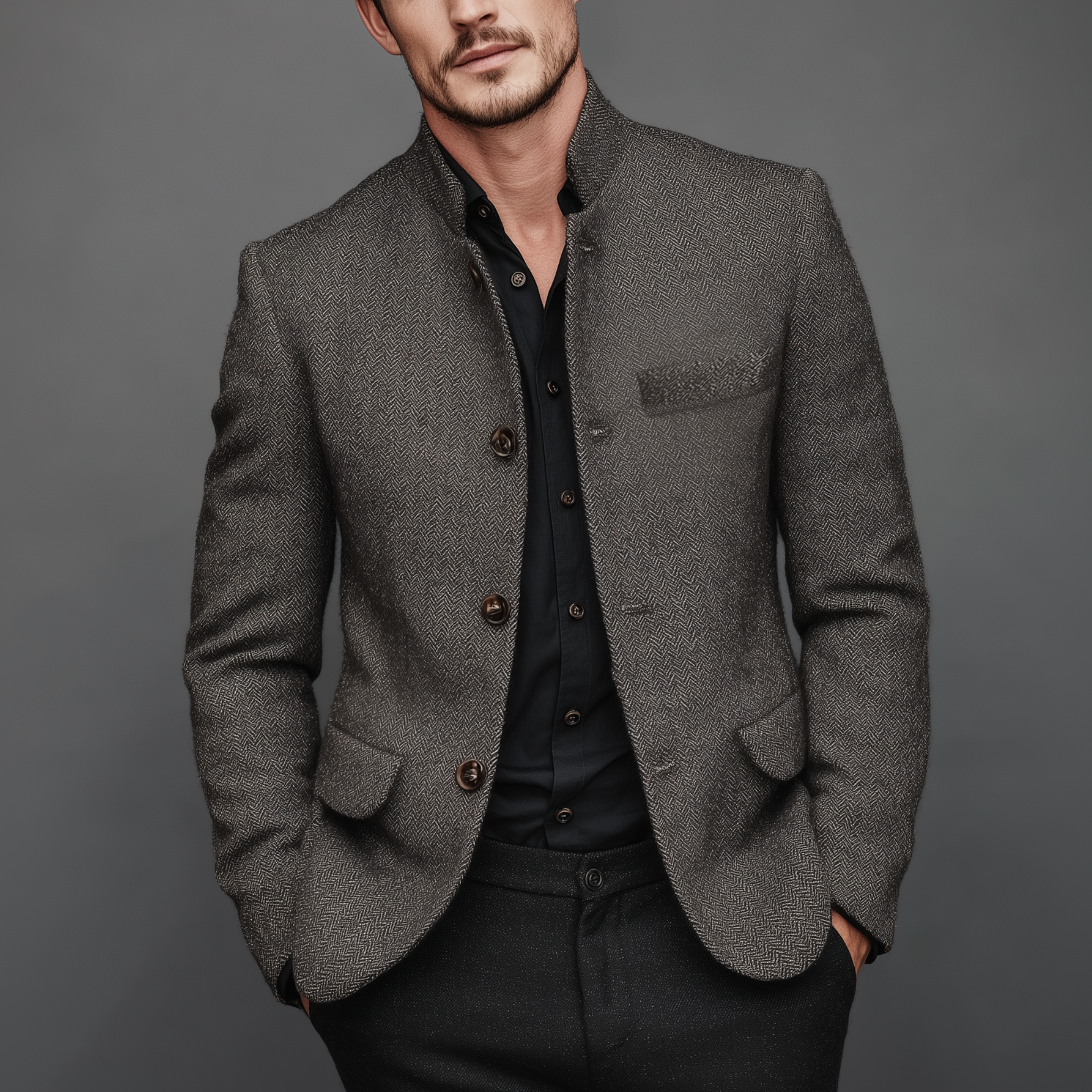 Men's Classic Vintage Herringbone Cotton Blend Stand Collar Jacket MTA0970I2K