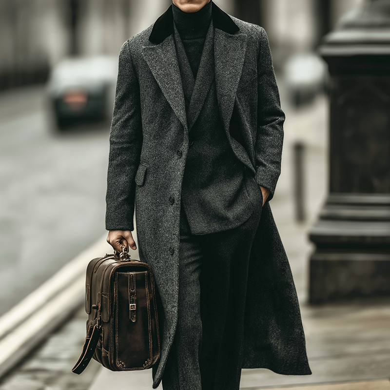 Men's Retro Casual British Style Fur Collar Herringbone Button Long Coat MTA2574I8TO
