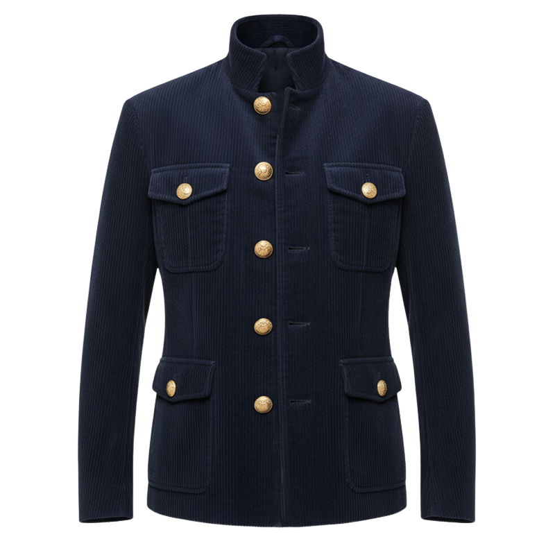 Men's Classic Stand Collar Navy Corduroy Button-Down Jacket MTA1597I5U