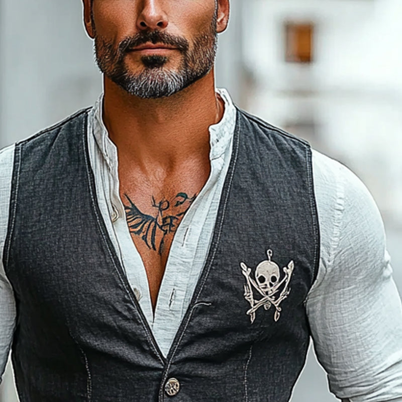 Men's Vintage Skull Print V-Neck Vest 76120693X