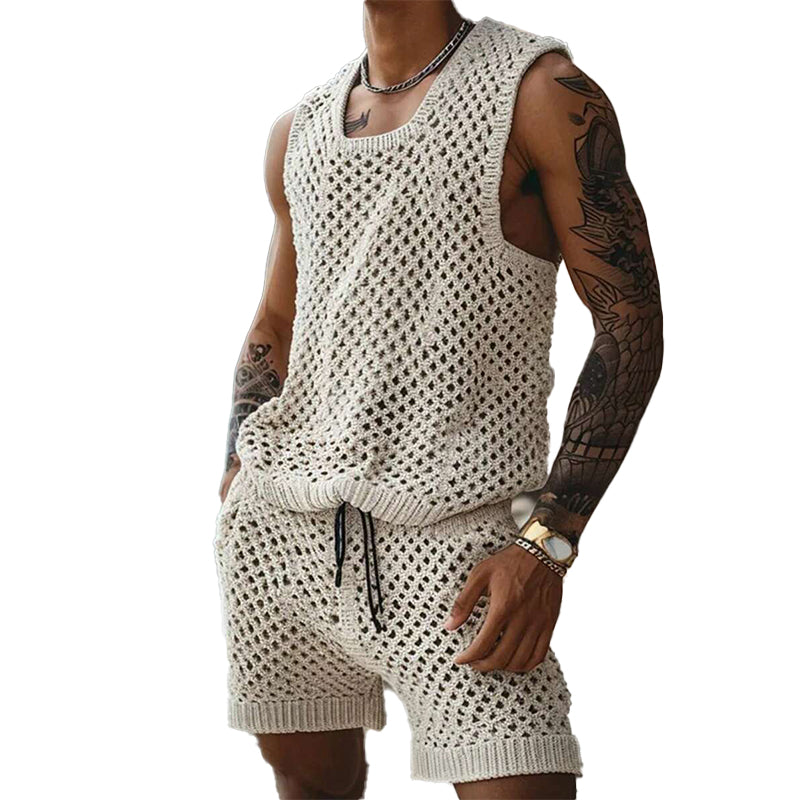 Men's Vacation Knitted Vest Shorts Two-Piece Set 86642152X