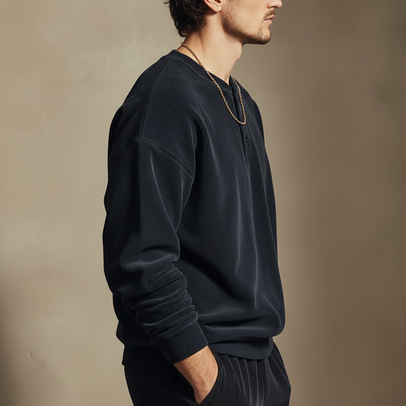 Men's Minimalist Modern Three-button Henley Collar Corduroy Sweatshirt MTA1035L1U