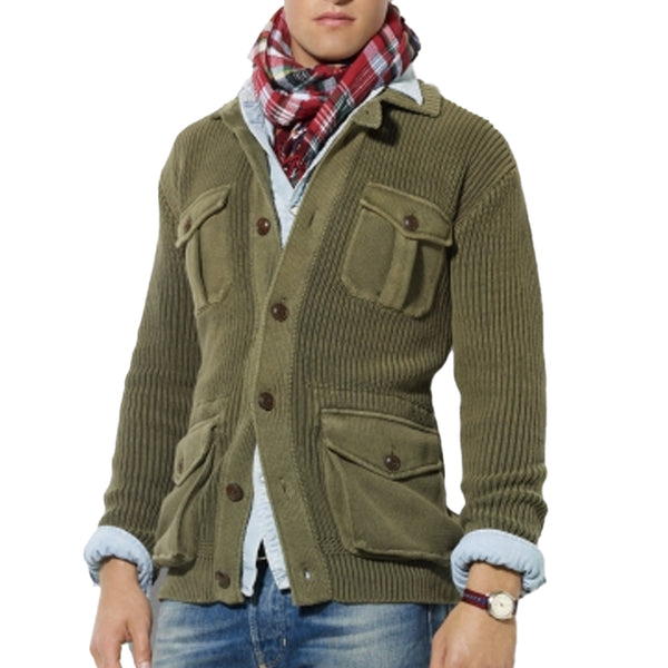 Men's Solid Color Lapel Multi-pocket Knitted Jacket 91258321X