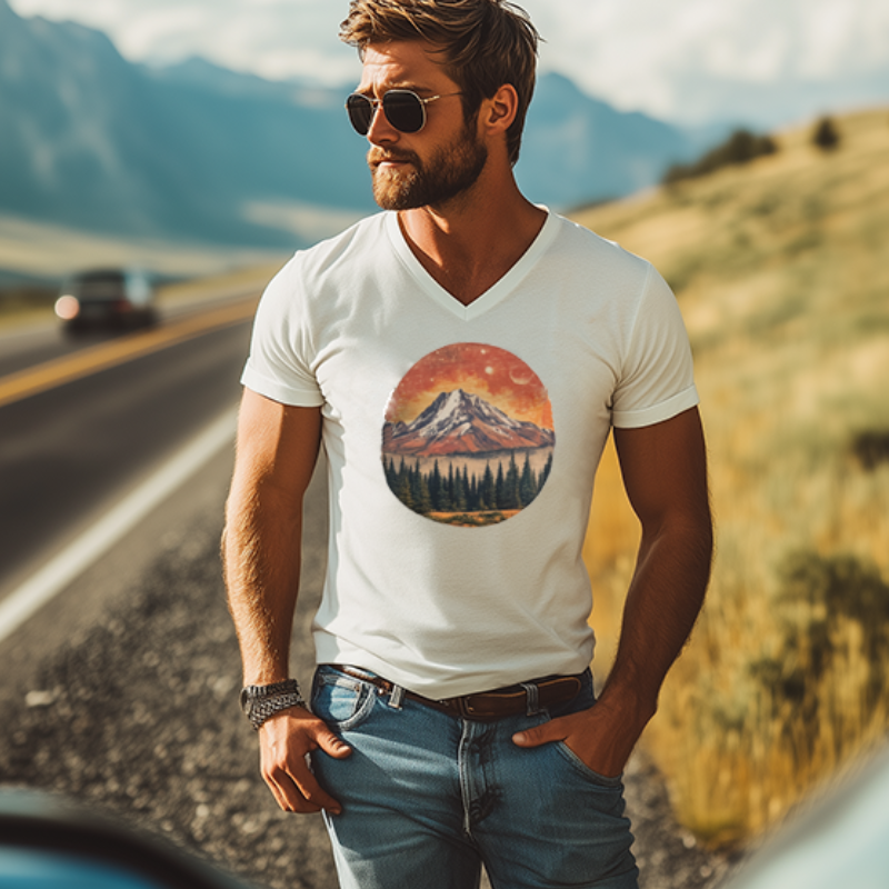 Men's American Retro Yellowstone Park Series Printed V-Neck Cotton T-Shirt 79461017K