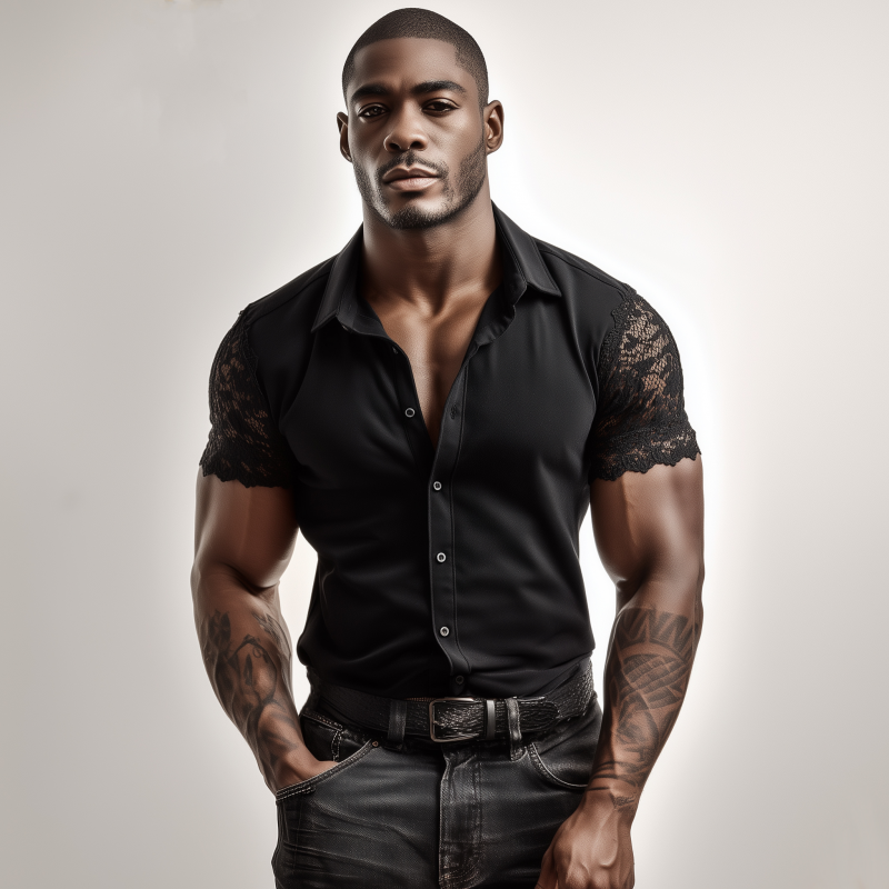 Men's Casual Solid Color Cotton Blend Patchwork Lace Lapel Slim Short Sleeve Shirt MTA1562G7M