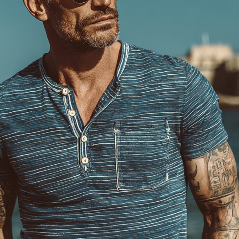 Men's Stripe Print Henley Neck Short Sleeve T-Shirt MTA2724F7X