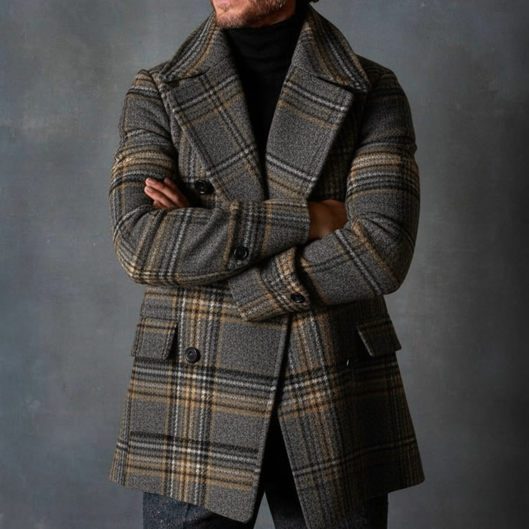 Men's Classic Retro Lapel Faux Plaid Wool Double-breasted Coat MTA3039I1K