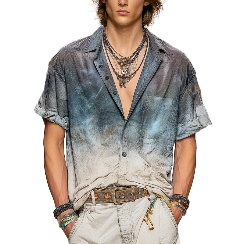 Men's Summer Personalized Gradient Printed Cotton Blended Short Sleeve Shirt MTA0883G5P