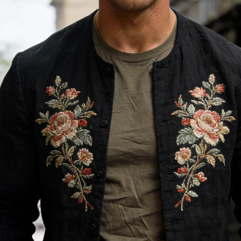 Men's Retro Casual Cotton Linen Embroidered Collarless Button Jacket MTZ1269A3TO