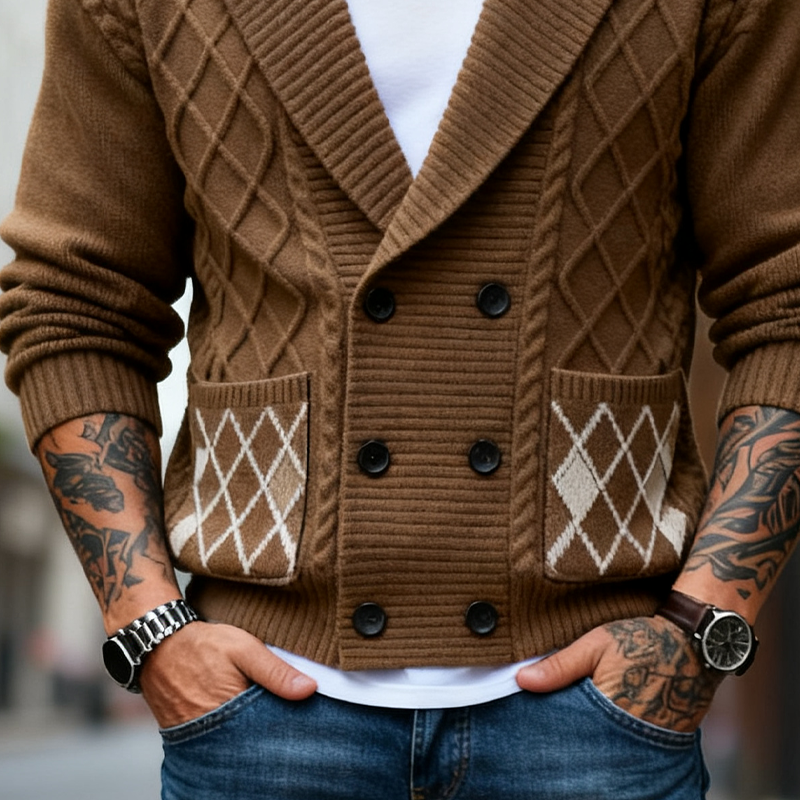 Men's Knitted Diamond Jacquard Textured Collar Cardigan MTA2930J0X